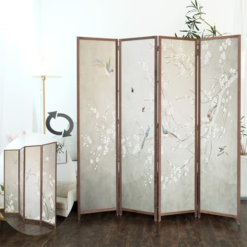 Furnnylane 4 Panel Room Divider, 5.6 ft Tall Double-Sided Blackout Folding Privacy Screen – Freestanding Wall Partition with Plums and Birds Scenery for Home Office, Easy Setup (67" H x 63" W) - Image 3