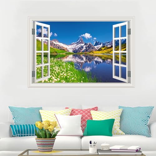 Fake Window Wall Sticker - Mountain Lake Landscape Home Art Decor Mural | Faux Window Spring Blue Sky Cloud Natural Scenery Mural｜ Stick and Peel Wall Decals｜Room Bedroom Office Scene Decor｜24"x16" - Image 2