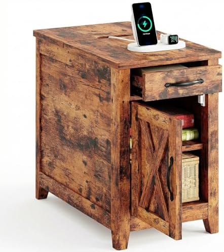 IRONCK End Table with Charging Station, Narrow Side Table, Vintage Brown by IRONCK