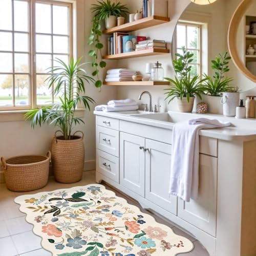 Washable 2x3 Entryway Scalloped Rug: Floral Thin Door Mat Non Slip Water Resistant Kitchen Bathroom Area Rug Indoor Ultra Soft Carpet for Laundry Nursery Living Room Bedroom Soft Floor Mat (2x3,Cream) - Image 4