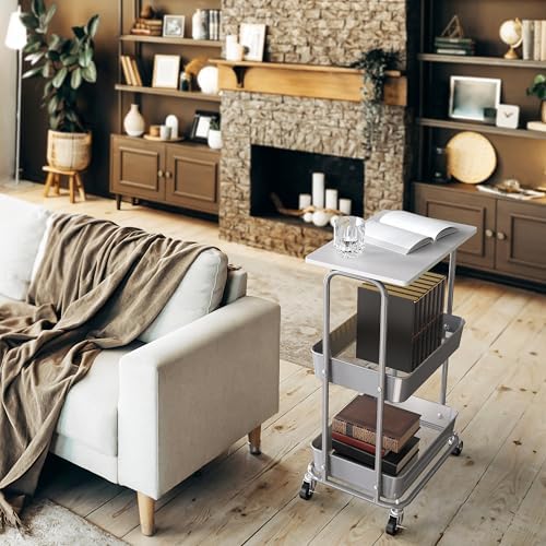Simple Houseware 2-Tier Rolling Utility Cart Wood Top/Lockable Wheel, White - Image 5