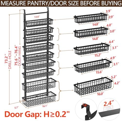 POKIPO 9 Tier Over The Door Pantry Organizer, 2 in 1 Wall Mount or Hanging Spice Rack with Adjustable Deep Basket, Heavy-Duty Seasoning Organizer and Storage for Kitchen Cabinet Closet Bathroom - Image 2