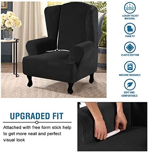 H.VERSAILTEX Wingback Chair Covers Velvet Plush Wing Chair Slipcover 1 Piece High Stretch Wing Back Chair Slipcovers Sofa Cover Furniture Cover with Elastic Bottom, Black - Image 4