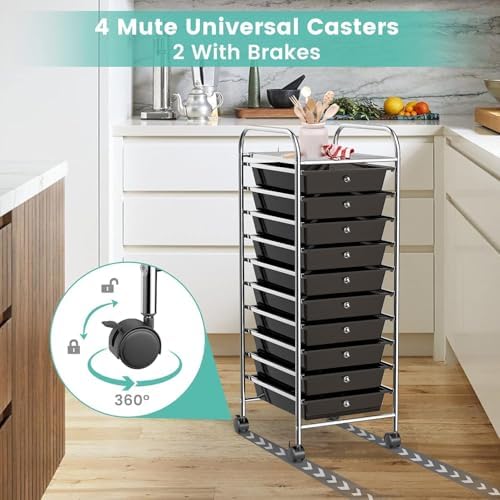 10-Drawer Rolling Storage Cart, Trolley w/Lockable 360° Wheels, 10 Removable PP Drawers, Sturdy Metal Frame, Rolling Utility Cart Perfect for Home, Office, Classroom (Black) - Image 5