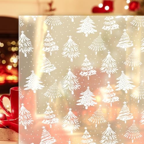 Christmas Window Privacy Film Pure White Xmas Tree Designs Static Clings Decorative Stained Glass Window Stickers Decals Holiday Christmas Static Decals for Winter Party Home Glass Windows 16.9*39.3in by BHOOKA