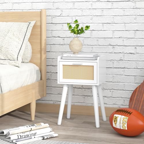 LAATOOREE Nightstand Set of 2, Small White Bed Side Table with Rattan Door - Image 2