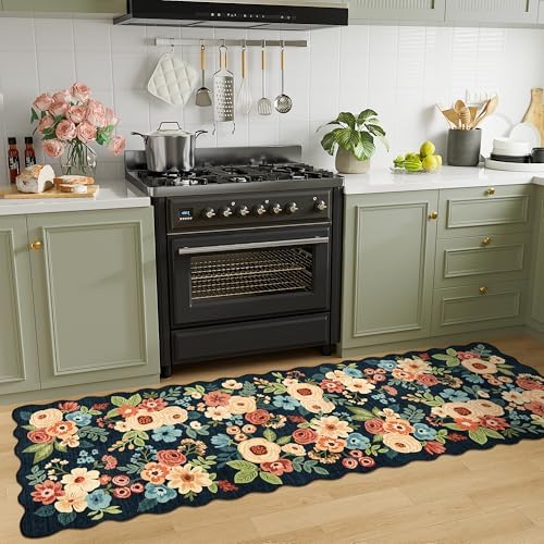 DUKINO 2.6x8 Runner Rug, Floral Washable Kitchens Rugs Non Slip, Navy Blue - Image 5