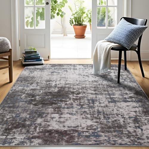 Modern Abstract 3x5 Rug, Non Slip Entryway Rug, Soft Machine Washable Rugs for Indoor Entry, Low Pile Stain Resistant Distressed Rug for Living Room, Bedroom, Dark Grey Blue - Image 4