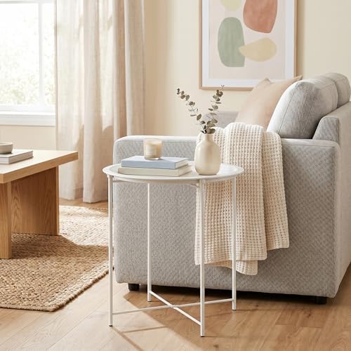 VECELO Side/End Table, Folding Round Metal Anti-Rust and Waterproof Outdoor or Indoor Tray for Living Room Bedroom Balcony and Office, 2 PCS, Beige - Image 2