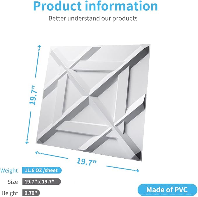 Art3d Decorativ PVC Glue-Up 3D Wall Panel, 19.7 x 19.7 in, 12-Pack, White | Waterproof, Scratch Resistant, Wall & Ceiling Decor Panels, Ideal for Commercial Spaces - Image 4