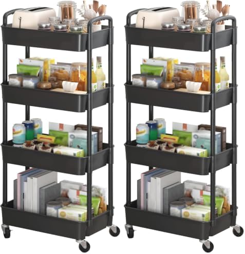 Sywhitta 4-Tier Plastic Rolling Utility Cart with Handle, Multi-Functional Storage Trolley for Office, Living Room, Kitchen, Movable Storage Organizer with Wheels, Black (Pack of 2) by haseverythingyouneed