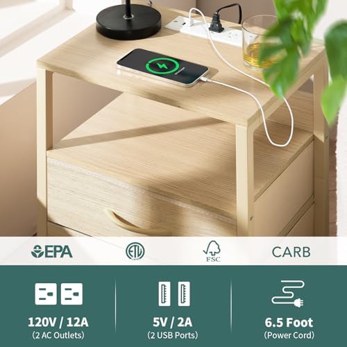 Yoobure Nightstand with Charging Station, Small Night Stand with Fabric Drawers and Storage Shelf for Bedrooms, Nightstands for Small Spaces, Bedside Table with USB Ports & Outlets, Bed Side Table - Image 6