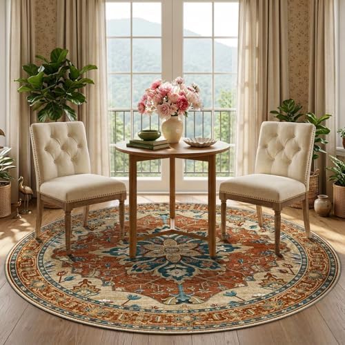 RELEANY Washable Area Rug, Round 5ft, Red/Orange/Blue/Brown - Image 3