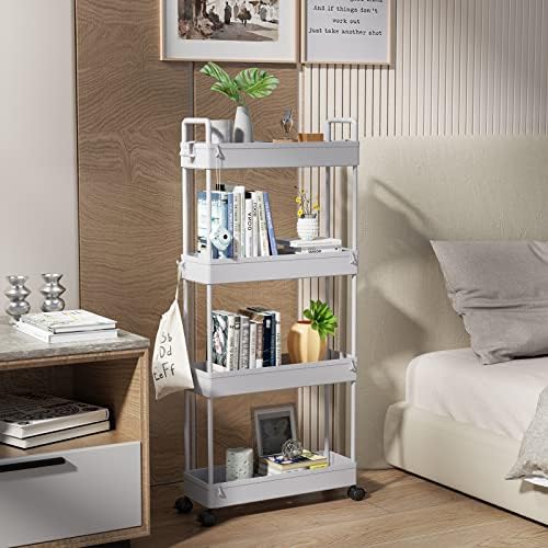 SOLEJAZZ Slim Rolling Storage Cart Skinny Bathroom Organizer, 4 Tier, Gray - Image 5