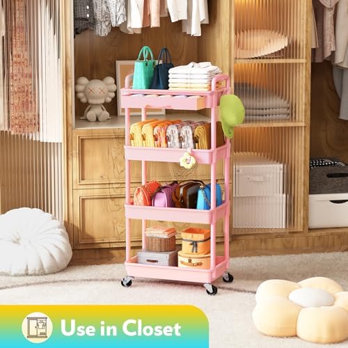SUNALLY Makeup Cart Organizer with Drawer, 4 Tier Rolling Makeup Cart, Pink - Image 6