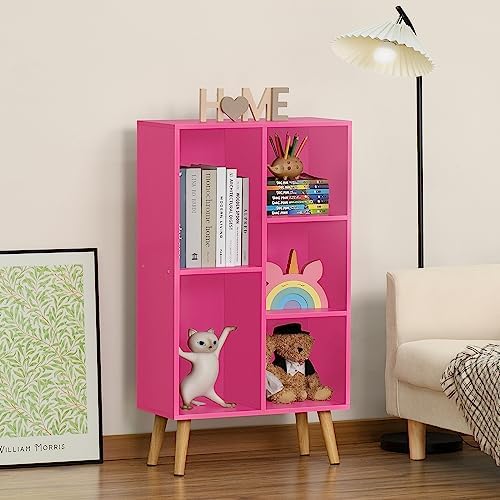 LEYAOYAO 5 Cube Bookshelf, Mid-Century Modern Book Shelf with Legs, Pink - Image 2