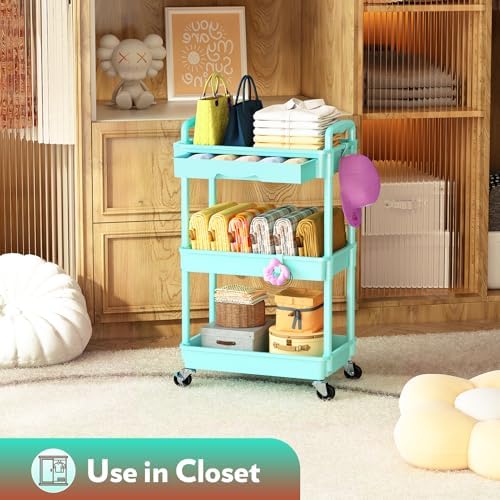 SUNALLY Makeup Cart Organizer with Drawer, 3 Tier Rolling Makeup Cart, Blue - Image 6