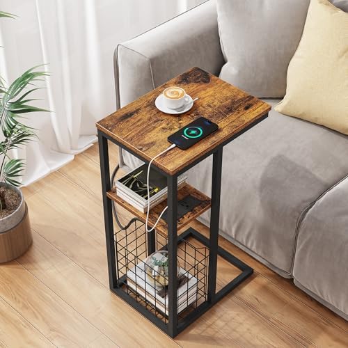 Vagusicc C Shaped End Table with Charging Station, Side Table for Couch, Small Side End Table for Small Spaces, 28" High Slide Under Sofa Table for Coffee, Tv Tray Table for Living Room, Rustic Brown - Image 5