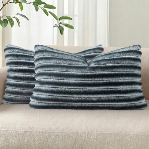 Pallene Faux Fur Decorative Throw Pillow Covers 12x20 Set of 2, Ombre Blue by PALLENE