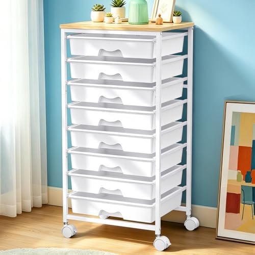 SUNALLY Rolling Cart With 8 Drawers,Storage Drawer Cart for Craft Art,White by SUNALLY