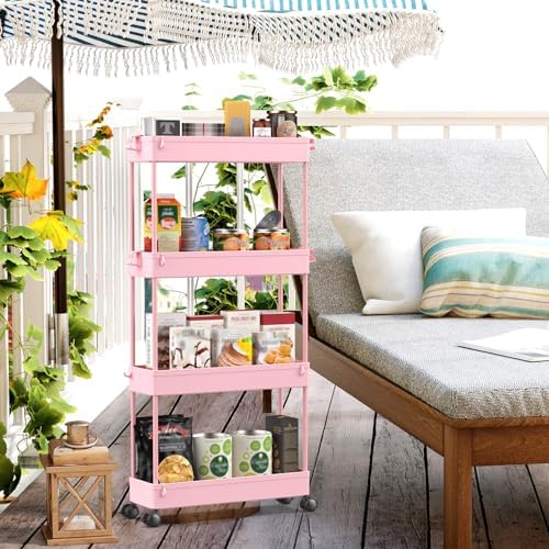 SPACEKEEPER Slim Rolling Storage Cart, 4 Tier Bathroom Cart Organizer, Pink - Image 2