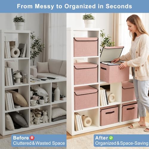 Bagnizer Linen Fabric Foldable Storage Cube Bin Organizer Basket with Flip-Top Lid & Handles, Large Clothes Blanket Box for Home, Office, Closet, Pink, 4 Pack 14.6 x 9.5 x 9.5” - Image 2