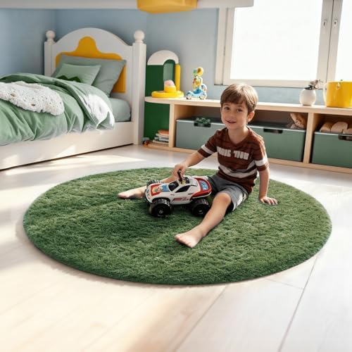 Ophanie Round Rug 4Ft Grey Green Circle Area Rug, Grayish Green Room Decor, Fluffy Fuzzy Bedroom Carpet, Plush Soft Shaggy Living Room Rugs for Kids Home Aesthetic, Nursery with 99 pcs Pile fibers - Image 5