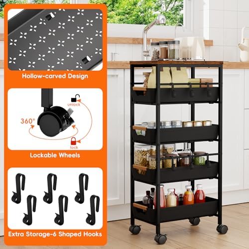 5-Tier Kitchen Storage Cart, Wood Top Rolling Cart Organizer with Pull-Out Baskets & Wheels, Metal Snack Cart with Holder for Fruit, Vegetable, Microwave, Kitchen, Pantry, Black - Image 6