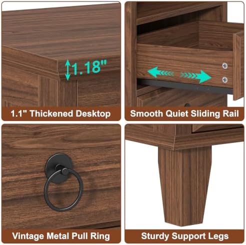 Yusong LED Night Stand with Gun Drawer, Bedside Table with Charging Station, Sofa Couch End Side Table with with 2 Drawers ＆Open Shelf for Bedroom, Brown - Image 7