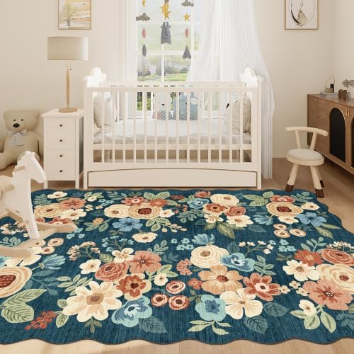 DUKINO 6x9 Area Rugs Floral Washable Living Room Rug Non Slip Prussian Blue - Image 5