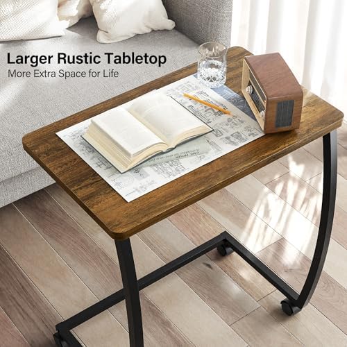SRIWATANA Dark Walnut C Shaped Side Table with Wheels, Wood End Sofa Table - Image 4