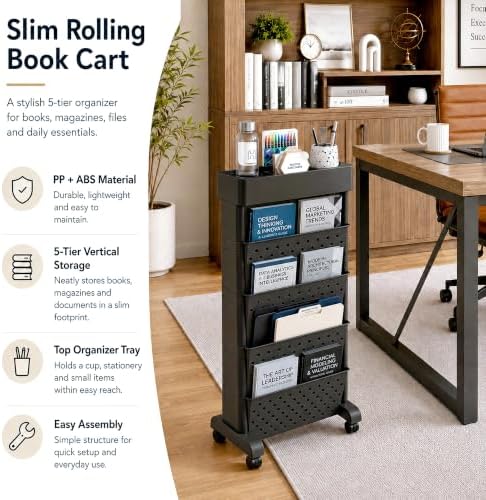 BYFU 5-Tier Movable Bookshelf Cart, 26.0" H, Black - Image 4