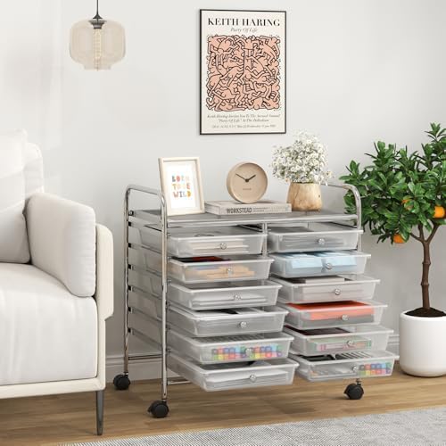 Giantex 12 Drawers Rolling Cart, Mobile Storage Drawer Cart, Classroom Organizer Cart for Office School Supplies Tools Scrapbook Paper Craft Small Printer, Utility Cart on Wheels, Clear - Image 2