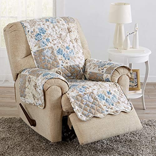 Great Bay Home Reversible Floral Patchwork Recliner Furniture Protector - Machine Washable, Scalloped Edge, Stain Resistant, Printed Furniture Cover for Dogs, Kids, and Pets (Taupe/Blue) by GreatBayHome