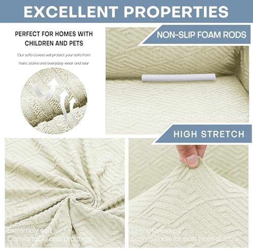 ZNSAYOTX 1 Piece Jacquard Couch Covers for 3 Cushion Couch High Stretch Sofa Cover for Pets Dogs Anti Slip Extra Large Sofa Slipcovers Furniture Protector (X-Large,New Pattern Light Beige) - Image 4