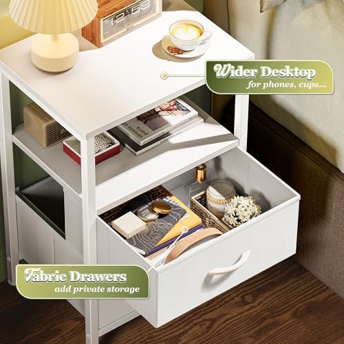 Huuger Night Stand Set of 2, Nightstand with 2 Drawers, Bed Side Table with Open Shelf, Wooden Top, End Table, PU Leather Fabric Drawer Surface, for Bedroom, White - Image 5