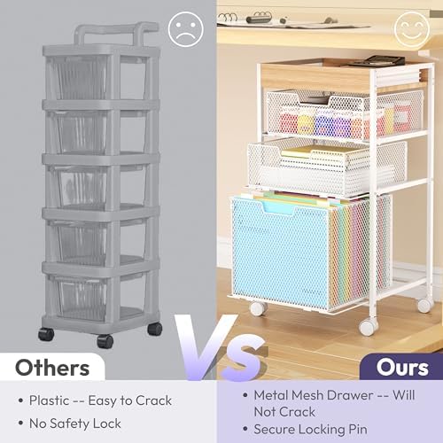 SWTYMIKI Rolling File Cart with Drawers - 4 Tier Under Desk Storage Craft Rolling Organizer Cart - Office Storage &Organization, Mobile Metal Filing Cabinet for Office and Home White - Image 6