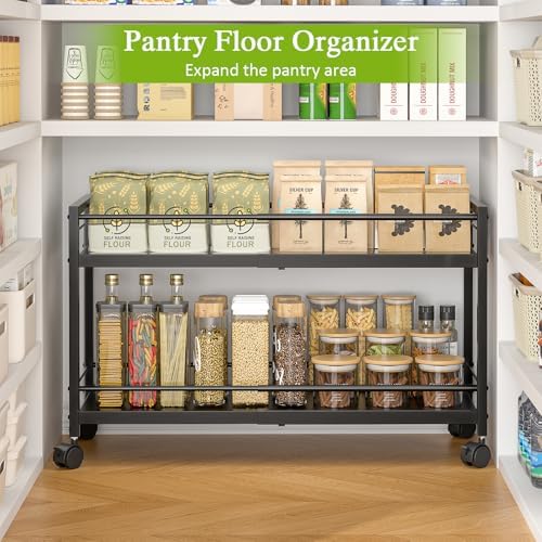1 Pack 2-Tier Expandable Pantry Floor Organizer Cart, Rolling Pantry Storage Cart with Wheel, Adjustable Can Organizer for Kitchen Pantry, Pantry Shelves and Storage Rack for Snacks, Vegetables, Black - Image 7
