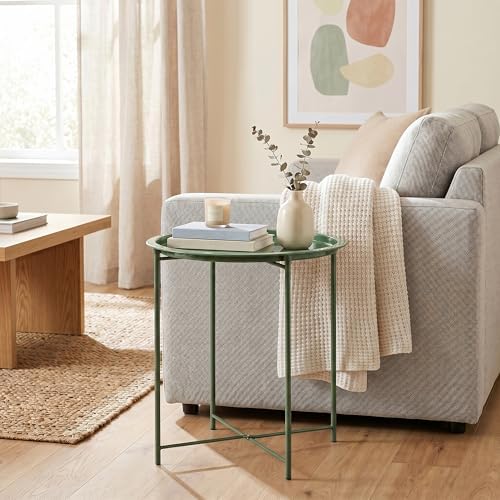 VECELO Side/End Table, Folding Round Metal Anti-Rust and Waterproof Outdoor or Indoor Tray for Living Room Bedroom Balcony and Office, 2 PCS, Dark Green - Image 2