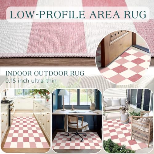Pink White Checkered Entry Rug - 3x5 Non-Slip Indoor Outdoor Rugs - Image 4