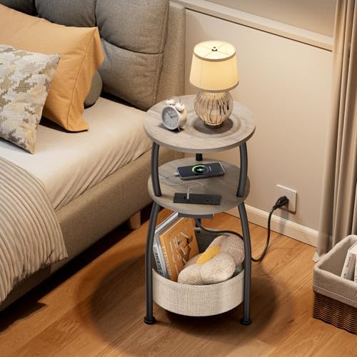 Side Table with Charging Station, Small Round End Table with Basket - Image 6