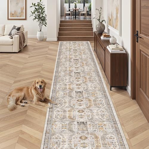 Madane Hallway Runner Rug 2'6''x16' Kitchen Runners Vintage, Brown/Gold by Madane