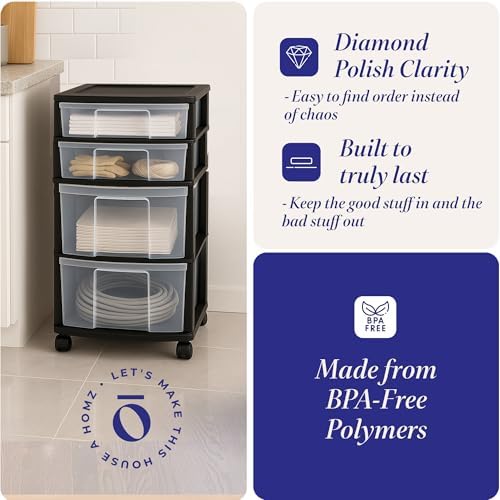 HOMZ Drawer Tower, 4-Tier Cart w/Removable Wheels, Black Frame, 2-Pack - Image 5