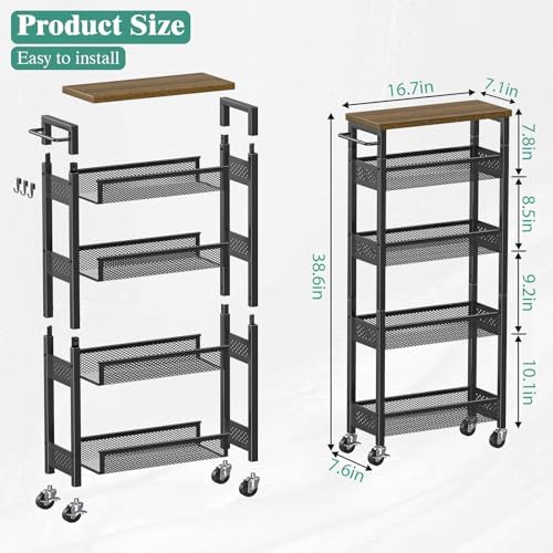 Giwil Slim Storage Cart 5 Tier Narrow Kitchen Rolling Cart on Wheels for Small Space, Metal Utility Cart Narrow Bathroom Storage Cabinet Mobile Shelf Unit Organizer with Wood Top and Handle, Black - Image 6