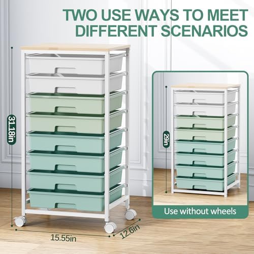Storage Cart with 8 Drawers, Utility Cart with White Drawers and Wooden Tabletop, Craft Cart, Teacher Organization for Classroom, Storage Furniture, Office Organization, Green - Image 2