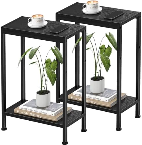 Narrow Side Table Set of 2 for Small Space, 2-Tier Slim End Table, Thin Nightstand, Skinny Snack Couch Table, Sofa Bedside Table in Living Room, Bedroom, Study, Kitchen and Balcony (Black) by HOME