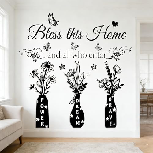 Bless This Home and All Who Enter Wall Decal - Inspirational Quote with Floral Vase & Butterfly Stickers, Power Dream Brave Vinyl Wall Art for Entryway, Living Room, Farmhouse Home Decor by Datesno