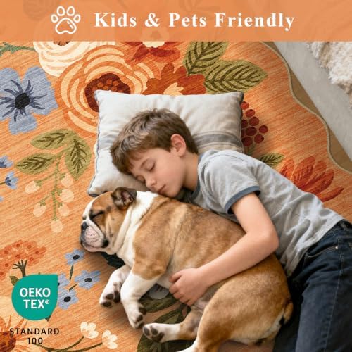 DUKINO 2x4 Rug for Entryway, Floral Washable Kitchen Rugs Non Slip, Orange - Image 4