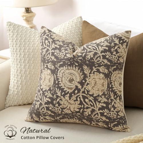 Vintage Floral Print Throw Pillow Covers 20x20 Set of 2 Neutral Modern Farmhouse Pillowcases Accent Decorative Cushion Covers Boho Home Decor for Couch Sofa Chair Bed Living Room, Rustic Gray - Image 2