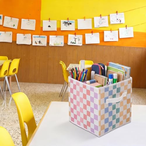 Bokon 6 Pcs 11'' Colorful Gingham Fabric Storage Cubes Foldable Cube Bins - Image 2